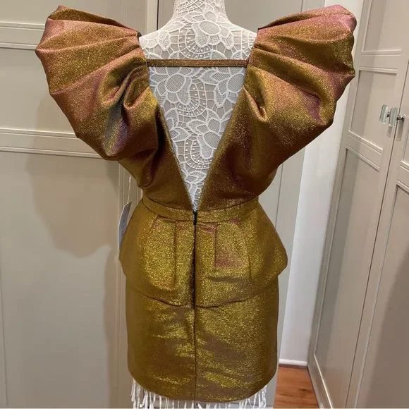 RONNY KOBO Calin Metallic Puffed Shoulders Iridescent Lame Tiered Mini Dress NWT - Picture 11 of 16